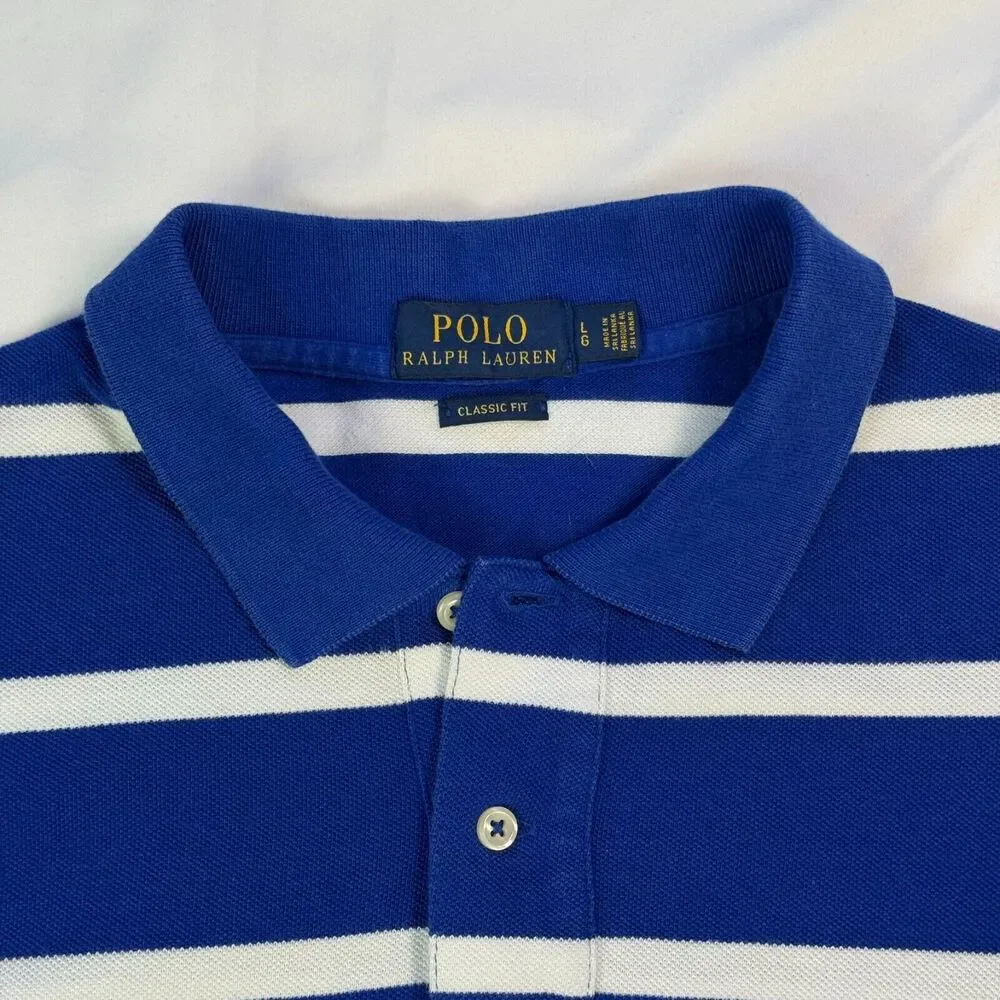 Polo Ralph Lauren Mens L Polo Classic Blue White Striped Pony Custom Fit Rugby